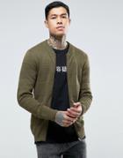 Asos Knitted Bomber Jacket With Textured Stripes In Muscle Fit - Green