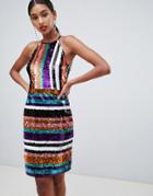 Tfnc Striped Sequin High Neck Bodycon Dress In Nude - Multi