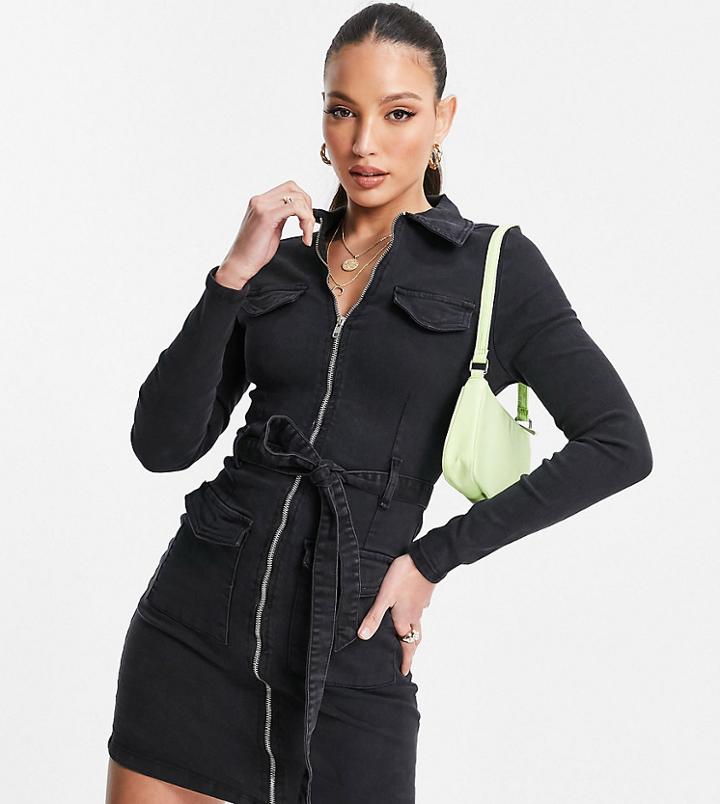 Parisian Tall Zip Through Denim Dress In Charcoal-grey