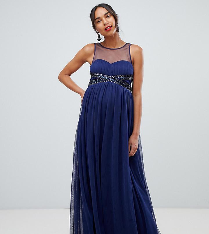 Little Mistress Maternity Embellished Waist Maxi Dress In Navy - Navy