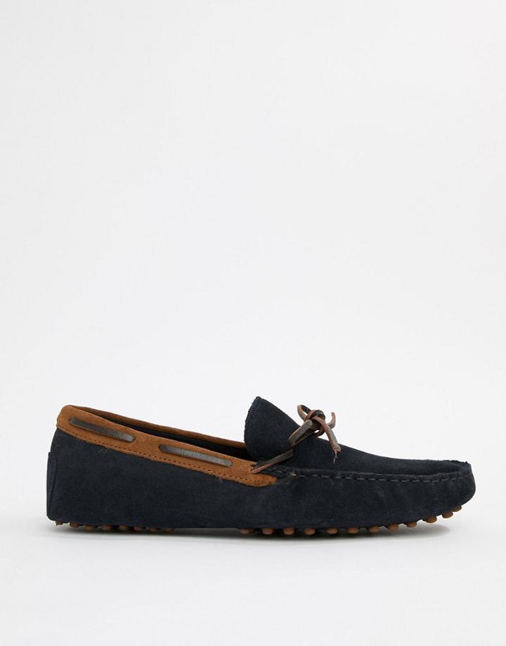 Asos Design Driving Shoes In Navy Suede With Brown Leather Detail