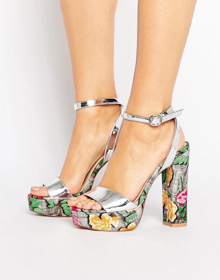 Public Desire Yana Floral Platform Heeled Sandals - Silver