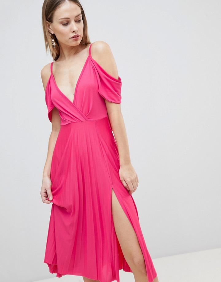 Asos Design Cold Shoulder Cowl Back Pleated Midi Dress - Pink
