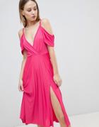 Asos Design Cold Shoulder Cowl Back Pleated Midi Dress - Pink
