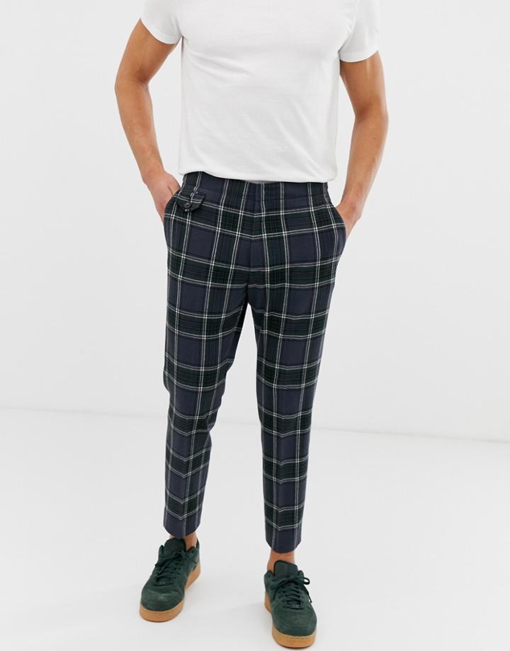Asos Design Skinny Crop Smart Pants In Navy Check With Ticket Pocket Detail - Navy