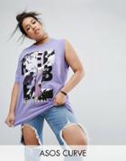 Asos Curve Super Oversized T-shirt With One Shoulder And Punk Print - Purple