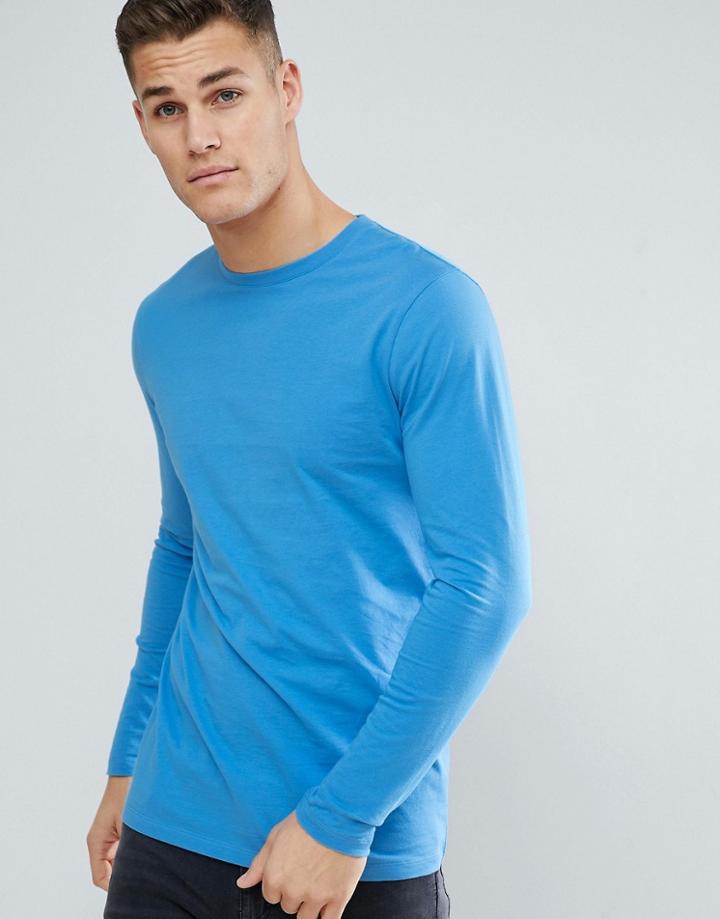 Asos Design Longline Crew Neck T-shirt With Long Sleeves In Blue - Blue