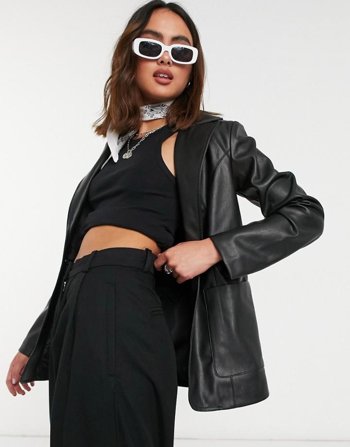 Topshop Faux Leather Blazer In Black