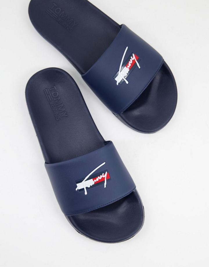 Tommy Jeans Slides With Signature Logo In Navy