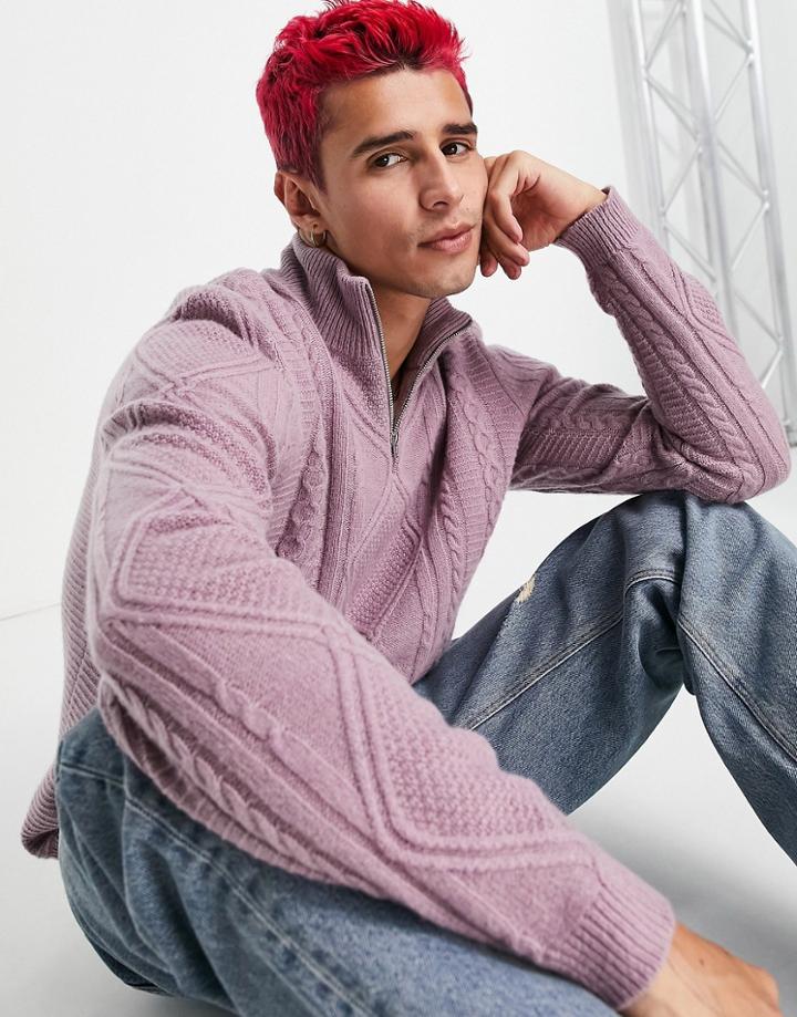 Asos Design Cable Knit Lambswool Half Zip Sweater In Pink