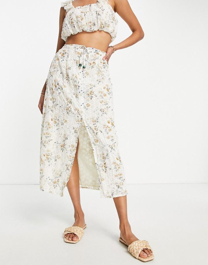 River Island Eyelet A Line Button Through Midi Skirt In Light Beige - Part Of A Set-neutral