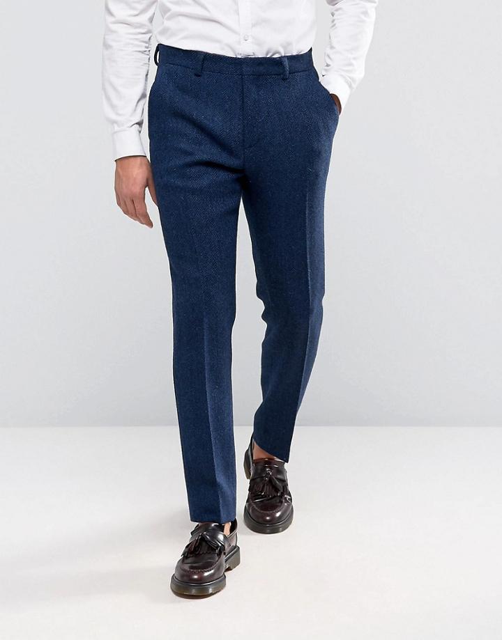 Asos Slim Suit Pant In Navy Harris Tweed In Herringbone 100% Wool - Na
