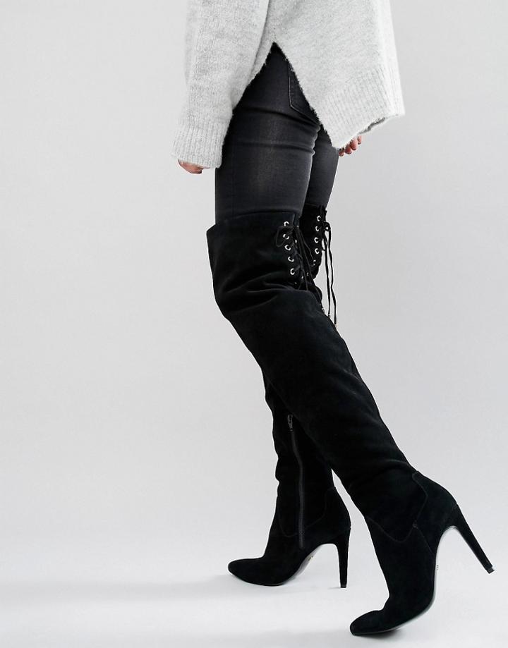 Faith Solo Fierce Tie Back Suede Heeled Over The Knee Boots - Black