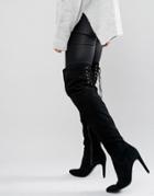 Faith Solo Fierce Tie Back Suede Heeled Over The Knee Boots - Black
