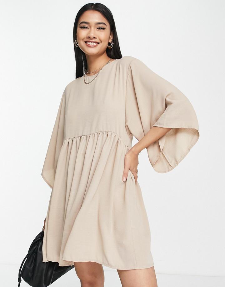 Asos Design Mini Smock Dress With Kimono Sleeves In Natural-neutral