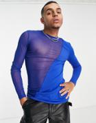 Asos Design Long Sleeve T-shirt In Blue Mesh And Jersey Color Block