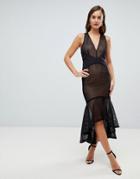 Forever Unique Sheer Overlay Midi Fishtail Dress - Black