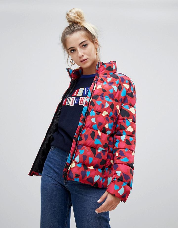 Love Moschino Mosaic Hearts Print Padded Jacket - Red