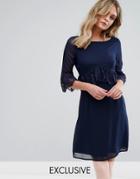 Elise Ryan Swing Dress With Eyelash Trim - Navy