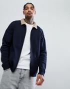 Asos Knitted Harrington Jacket With Fluffy Collar In Navy - Navy