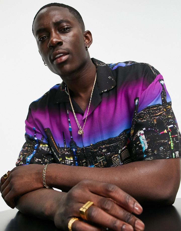 Pull & Bear City Scape Print Shirt In Black