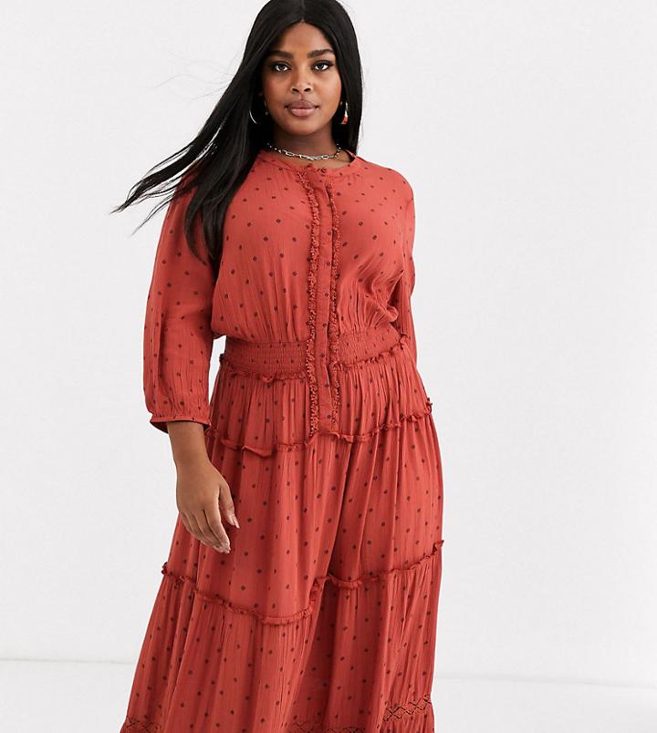 Simply Be Tiered Maxi Dress In Rust Polka Dot-multi