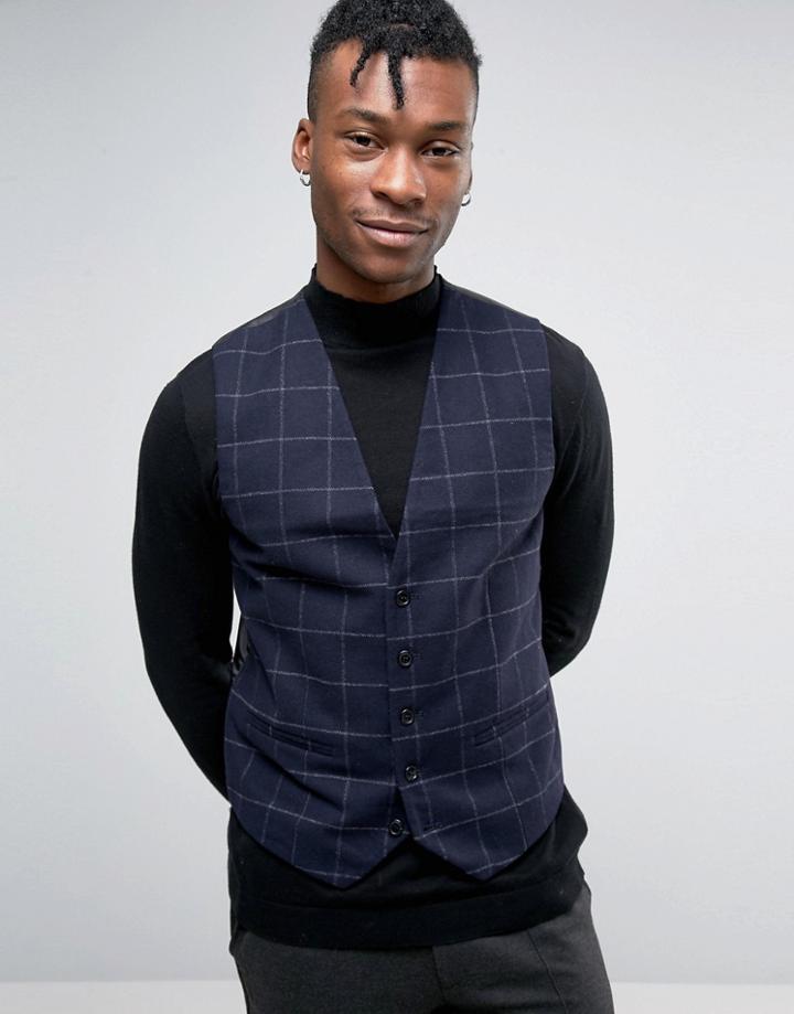 Selected Homme Slim Vest In Wool Check - Navy