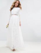 Asos Bridal Lace Long Sleeve Crop Top Maxi Dress - White