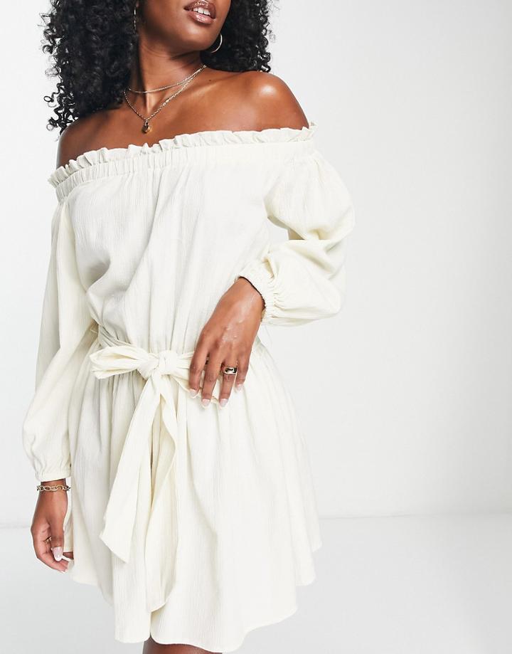 Asos Design Off Shoulder Super Crinkle Beach Mini Dress In Natural-white