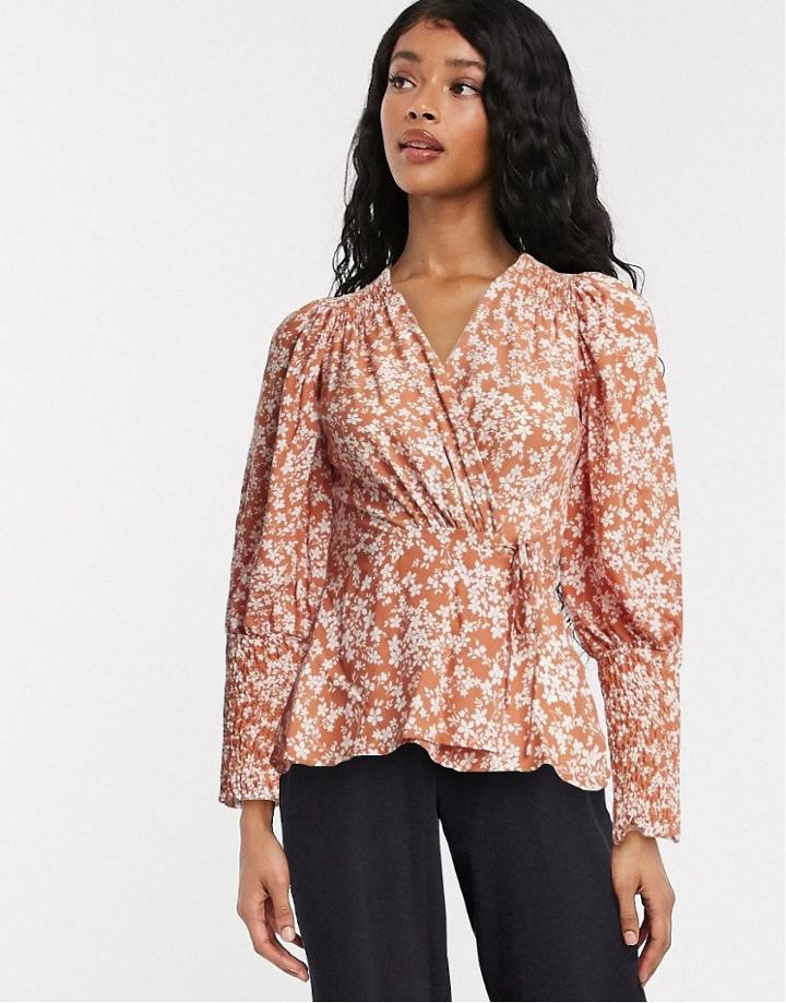 Asos Design Floral Wrap Top With Shirring-multi