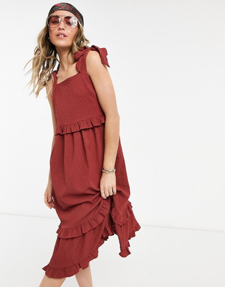 Asos Design Textured Ruffle Swing Midi Sundress With Tie Straps In Rust