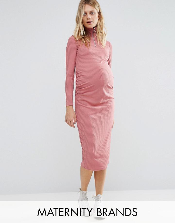 Bluebelle Maternity Rib Midi Dress With Zip - Pink