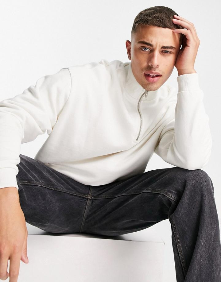 Asos Design Oversized Half Zip Sweatshirt In Beige - Beige-neutral