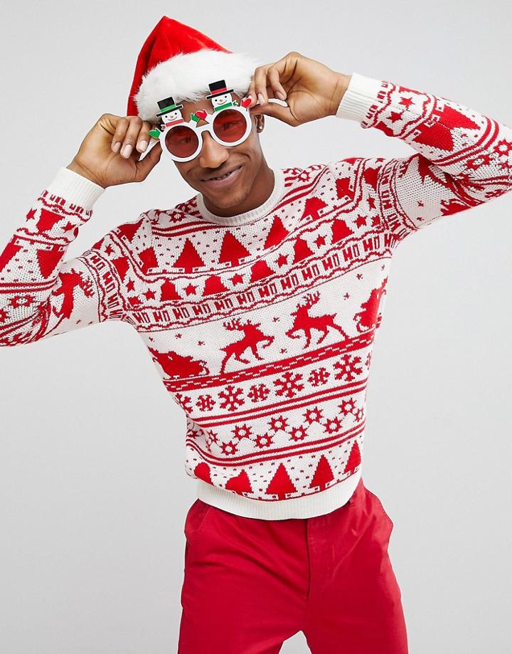 Asos Design Christmas Jumper With Festive Design In Red - Red