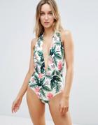New Look Tropical Plunge Swimsuit - Multi