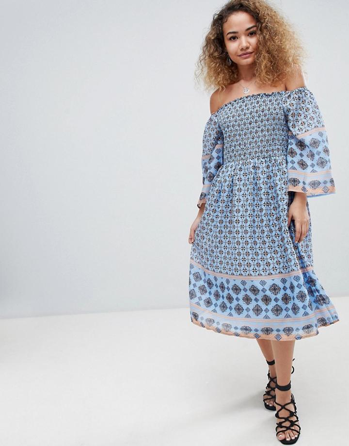 En Creme Off Shoulder Border Print Midi Dress - Multi