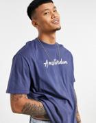Asos Design Relaxed T-shirt In Blue With Amsterdam City Script Print-blues