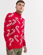 Asos Design Christmas Sweater In Candy Cane Design-white