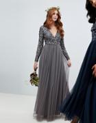 Maya Long Sleeve Wrap Front Maxi Dress With Delicate Sequin And Tulle Skirt In Charcoal - Gray