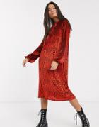 Asos Design Animal Velvet Tie Neck Midi Dress In Red-multi