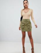 Prettylittlething Cargo Pocket Mini Skirt In Khaki - Green