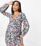 Asos Design Maternity Long Sleeve V Neck Mini Dress In Bright Floral Print-multi