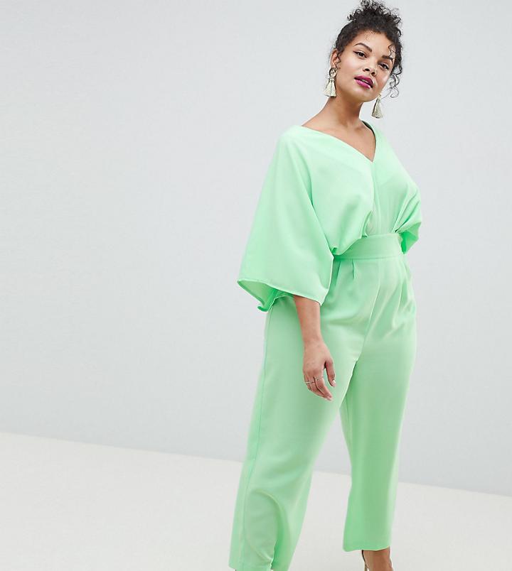 Asos Design Curve Jumpsuit With Kimono Sleeve And Peg Leg - Green