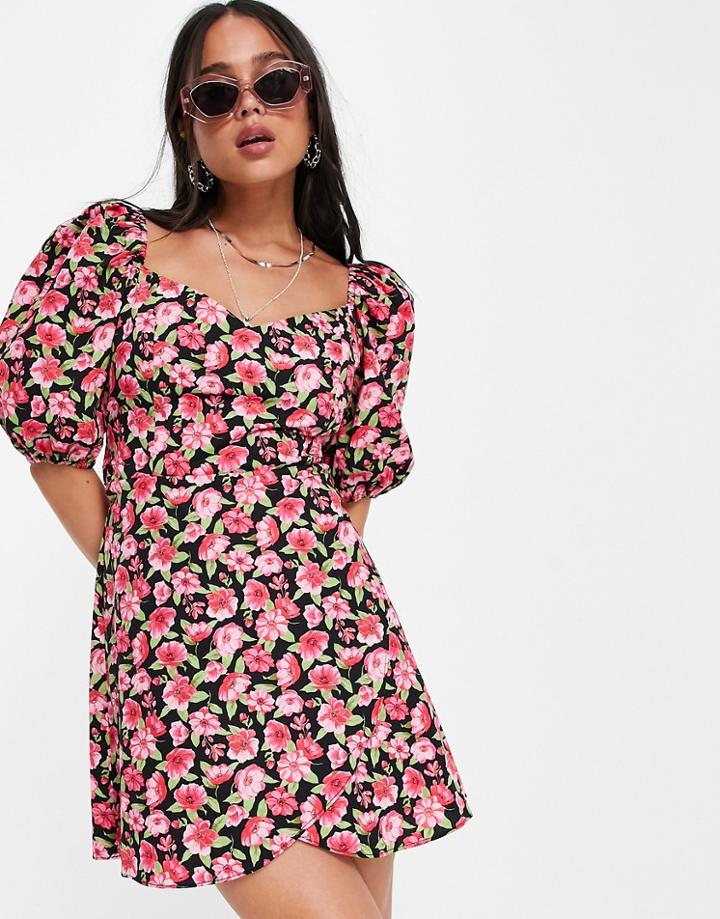 Topshop Pink Floral Poplin Wrap Top Mini Dress In Pink-multi