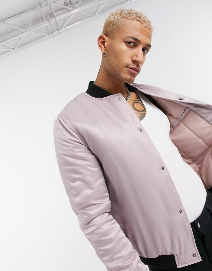 Asos Design Padded Bomber Jacket In Satin Finish Pink
