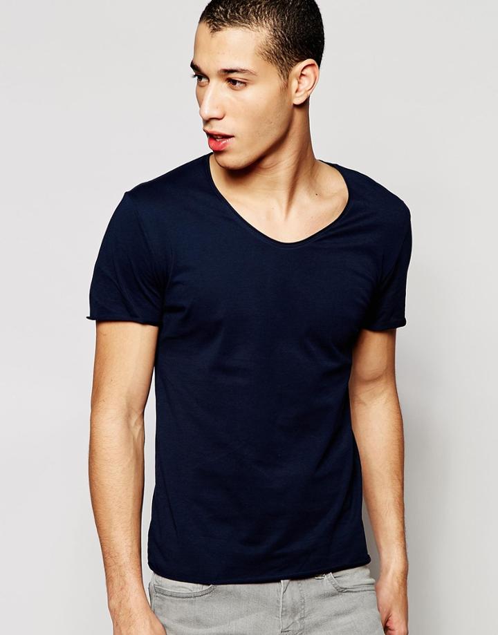 Selected Homme Raw Neck T-shirt - Navy Melange