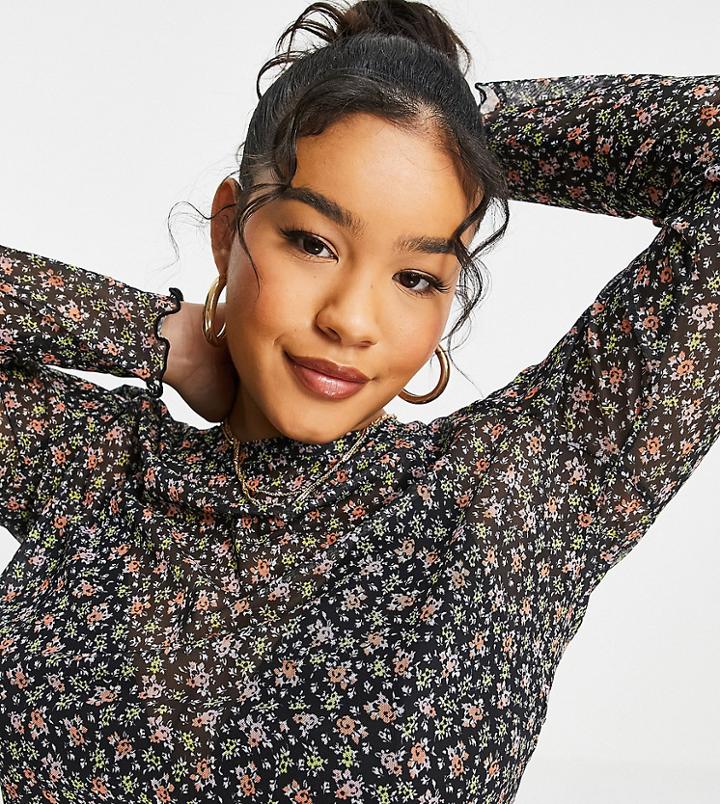 Asos Design Curve Mesh Long Sleeve Floral T-shirt-multi