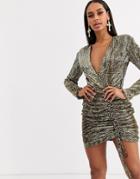 Club L London Sequin Plunge Front Ruched Mini Bodycon Dress In Gold