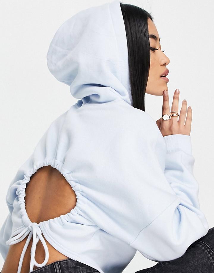 Monki Cropped Hoodie With Open Back In Blue-blues