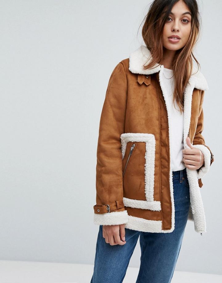 Vero Moda Faux Shearling Contrast Jacket - Red